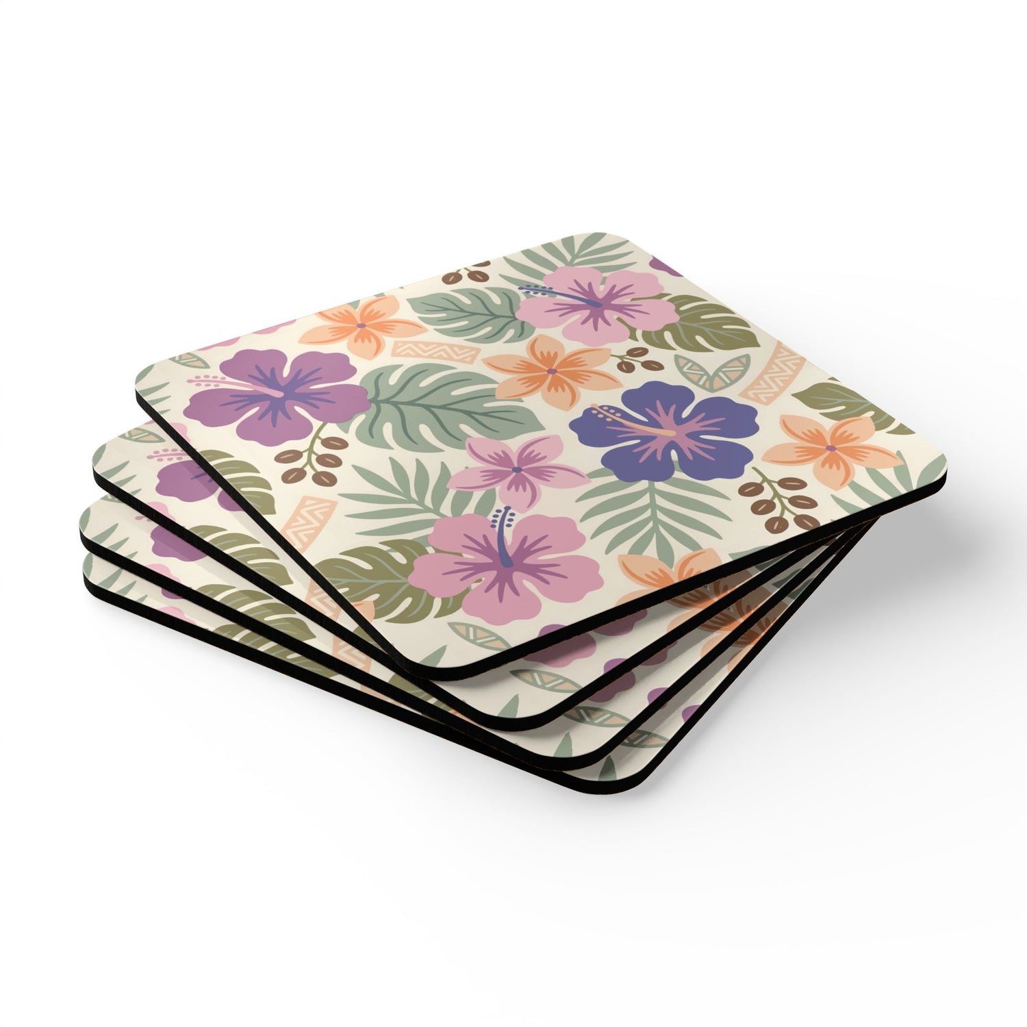 Retro Tropical Tiki Summer, Hawaiian Hibiscus Purple Corkwood Coaster Set - Mid Century Modern Gal