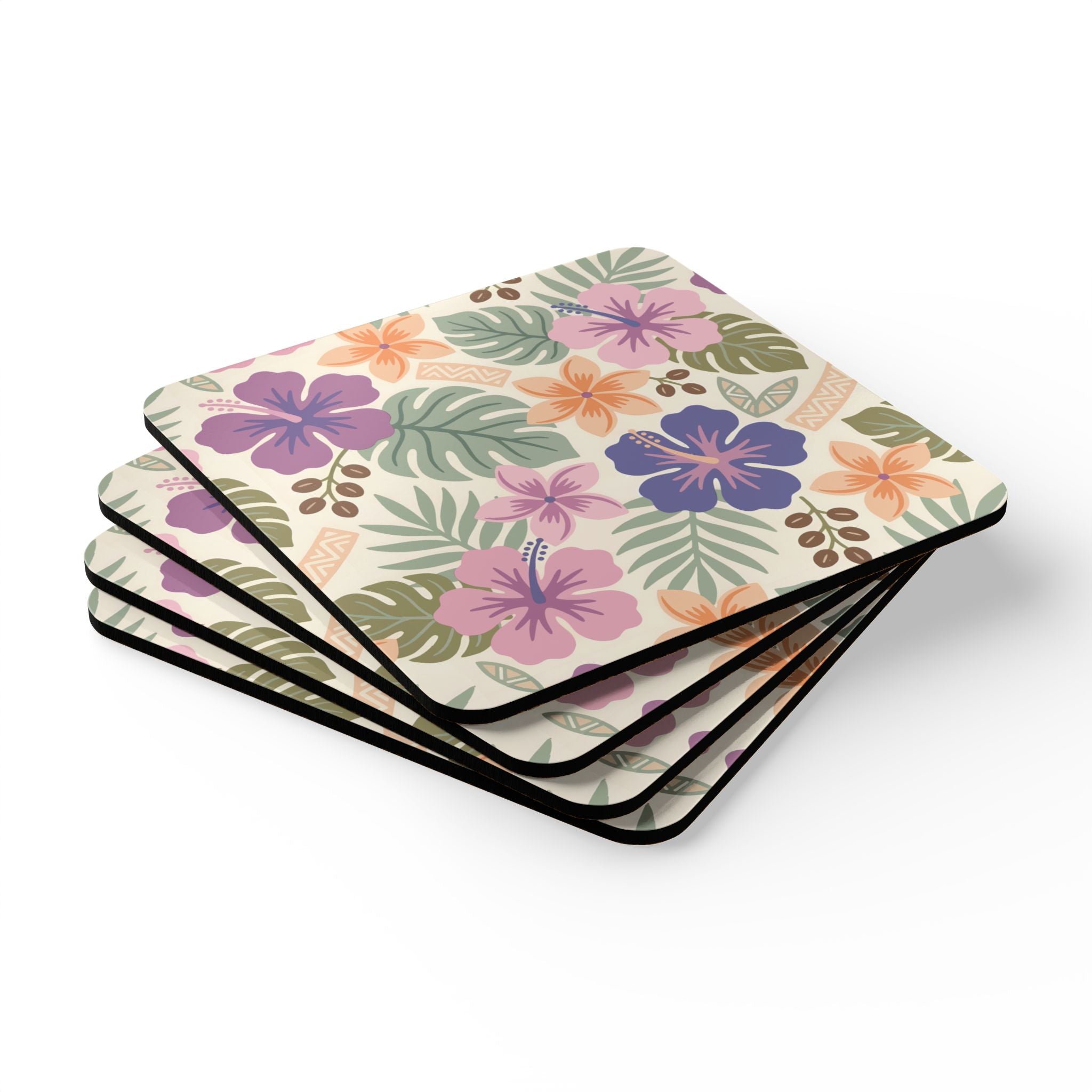 Retro Tropical Tiki Summer, Hawaiian Hibiscus Purple Corkwood Coaster Set - Mid Century Modern Gal