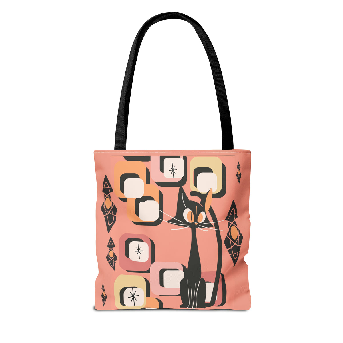 Atomic Cat Tote Bag, Coral Color, Mid Century Modern Geometric Designs, Mid Mod Retro Apparel - Mid Century Modern Gal