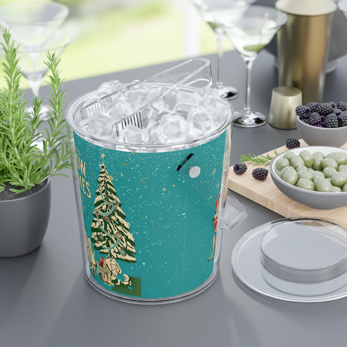 Mid Century Modern 50s Kitschy Christmas, Mica Snow, Holiday Kitsch Ice Bucket with Tongs By MCM GAL - Mid Century Modern Gal