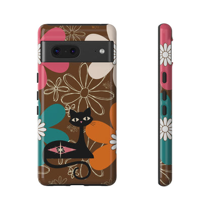 Atomic Cat Retro 70s Vibe Flower Power Tough Cases: Cute Floral and Cat Phone Case for Cat Lovers