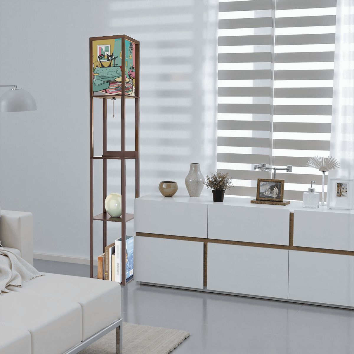 Mid Mod Retro Floor Lamp with Shelves, Adorned With Atomic Kitschy Cats In MCM Livingroom Scene - Mid Century Modern Gal