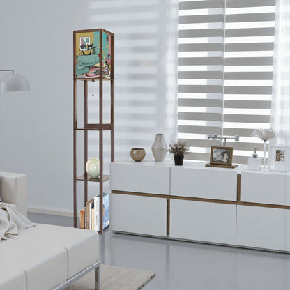 Mid Mod Retro Floor Lamp with Shelves, Adorned With Atomic Kitschy Cats In MCM Livingroom Scene - Mid Century Modern Gal