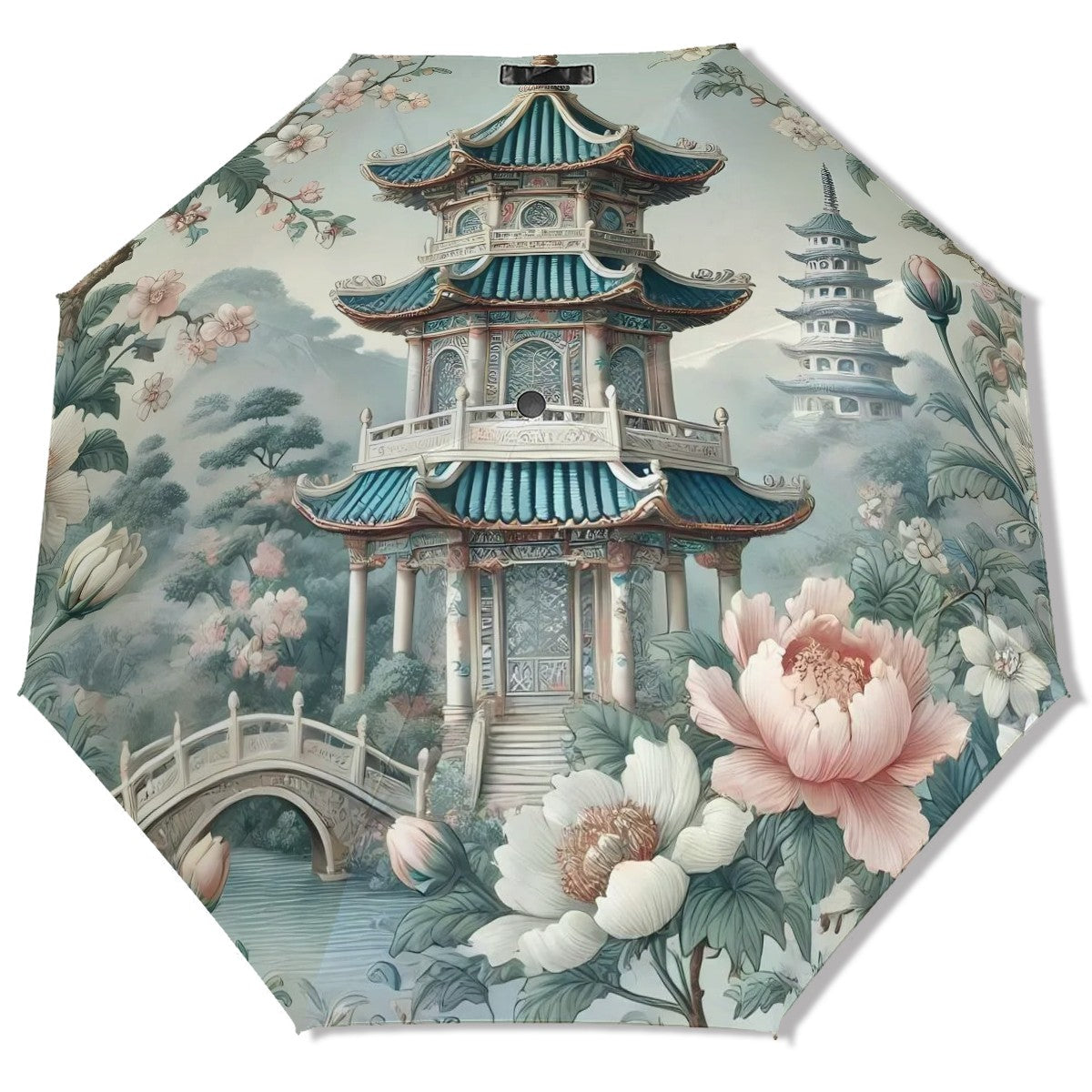 Chinoiserie Pagoda Blue Floral Parasol UV Protection Umbrella - Mid Century Modern Gal