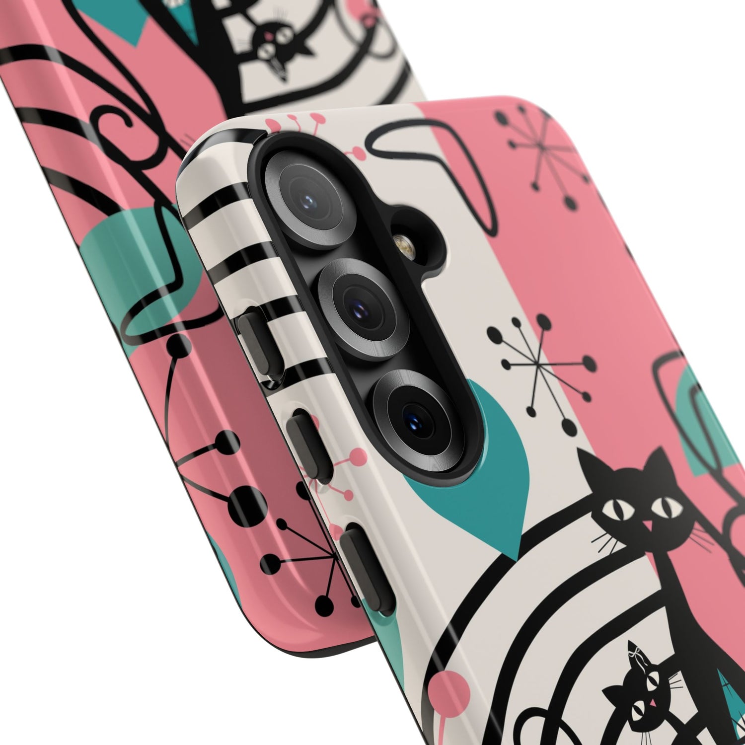Mid Mod Atomic Cat Boomerang Starburst, Pink, Black Kitschy Stylish Cat Phone Case: Modern Design for Cat Lovers