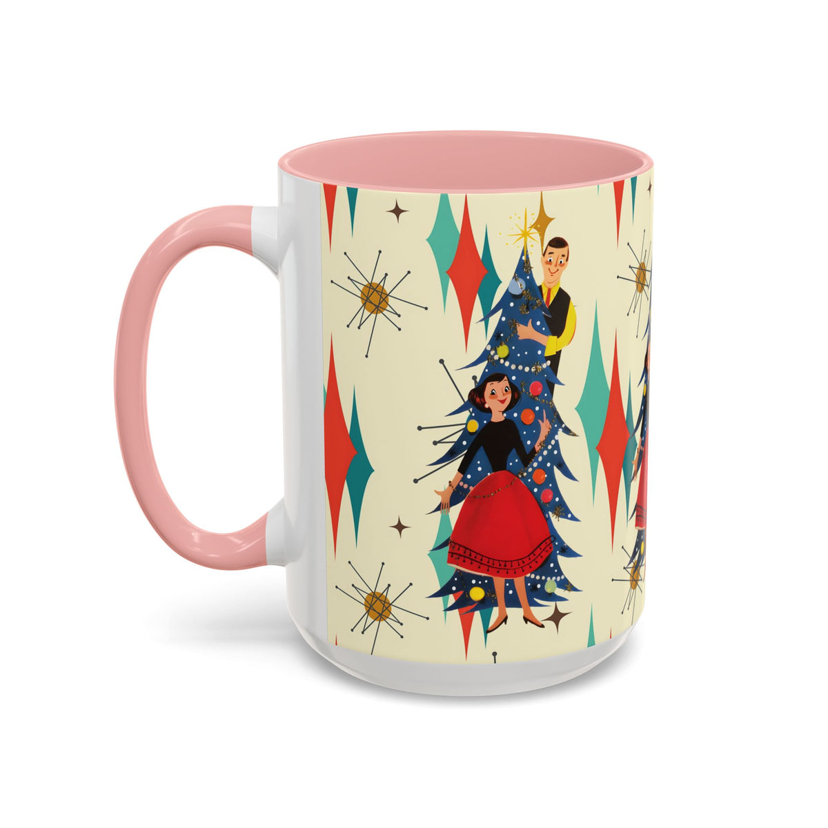 Mid Century Modern 50s Kitsch Christmas starburst coffee mug featuring retro holiday design with festive characters and colors.