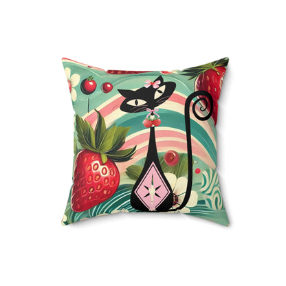 Whimsical Atomic Cat &amp; Strawberry Decorative Pillow - Cozy Home Accent - Mid Century Modern Gal