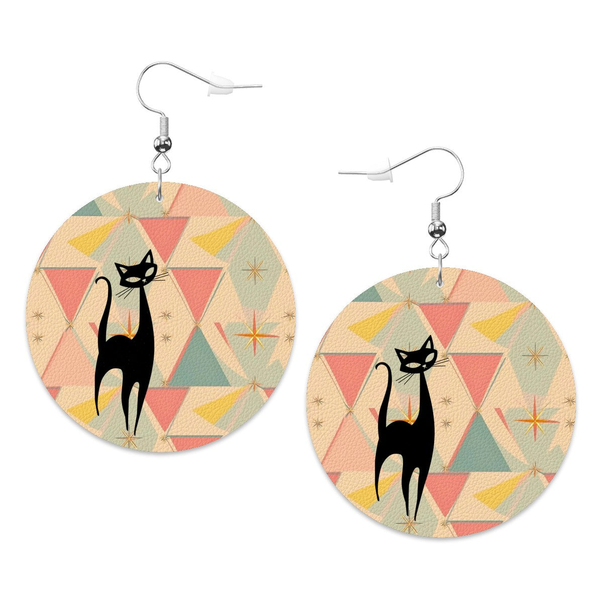 Atomic Cat, Mid Mod Pink Aqua Kitschy Mod Faux Leather Round Earrings - Mid Century Modern Gal