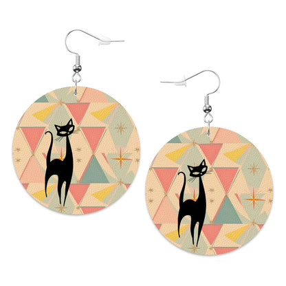 Atomic Cat, Mid Mod Pink Aqua Kitschy Mod Faux Leather Round Earrings - Mid Century Modern Gal