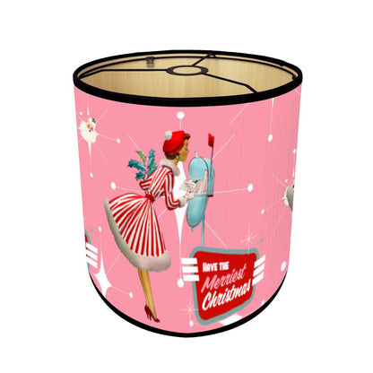 Kitschy Mid Mod Christmas Bamboo Drum Lampshade, Atomic Pink, Retro Santa Holiday Accent Shade - Mid Century Modern Gal
