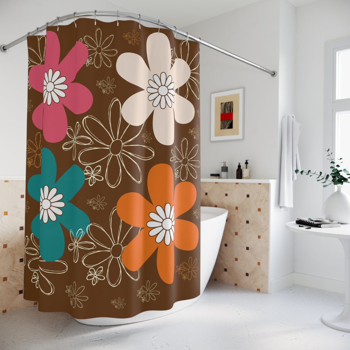 Retro Groovy Flower Power Orange Brown Teal, Bohemian Floral Shower Curtain - Vibrant Retro Bathroom Decor - Mid Century Modern Gal