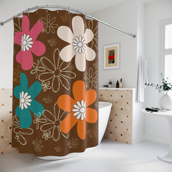 Retro Groovy Flower Power Orange Brown Teal, Bohemian Floral Shower Curtain - Vibrant Retro Bathroom Decor