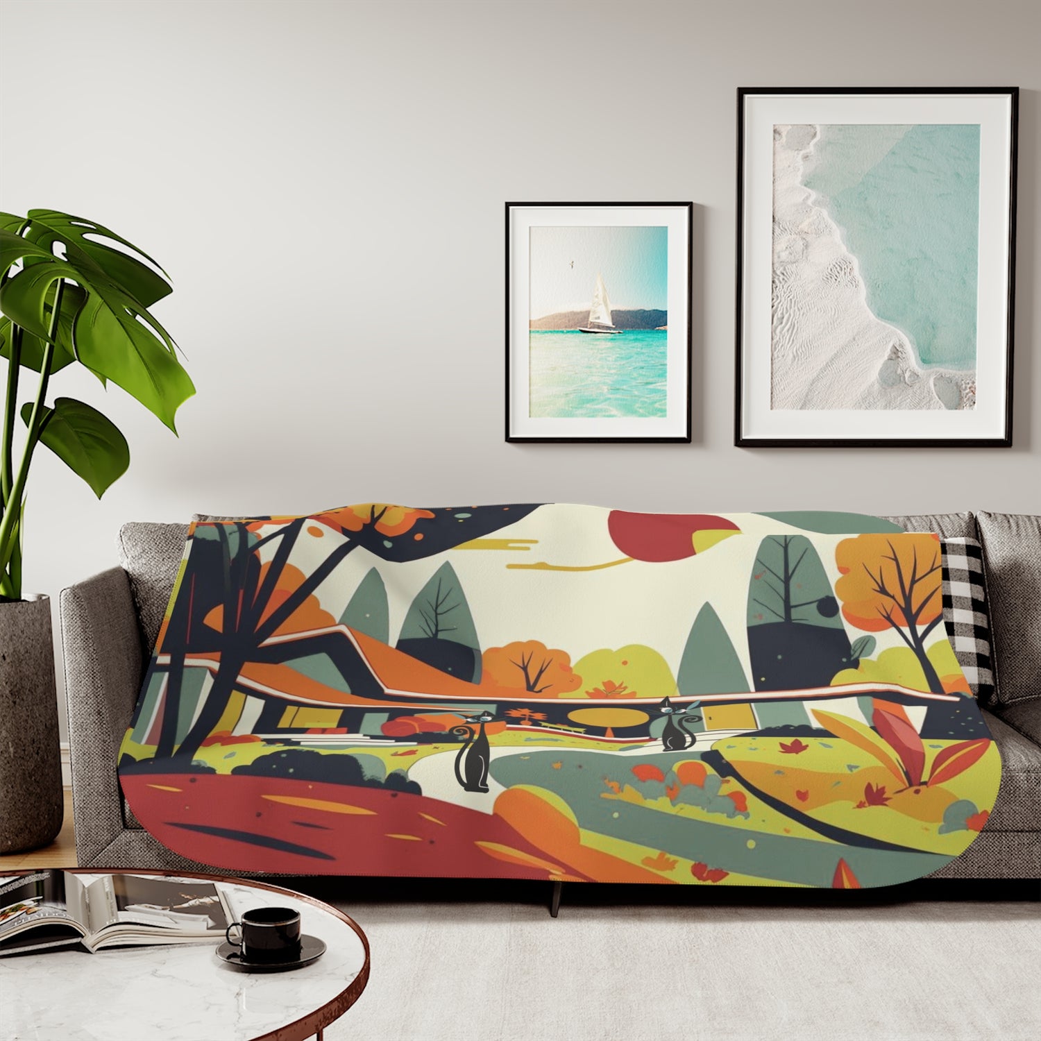 Scandinavian Floral Mid Century Modern Atomic Cat Kitschy Seasonal Sherpa Blanket - Mid Century Modern Gal