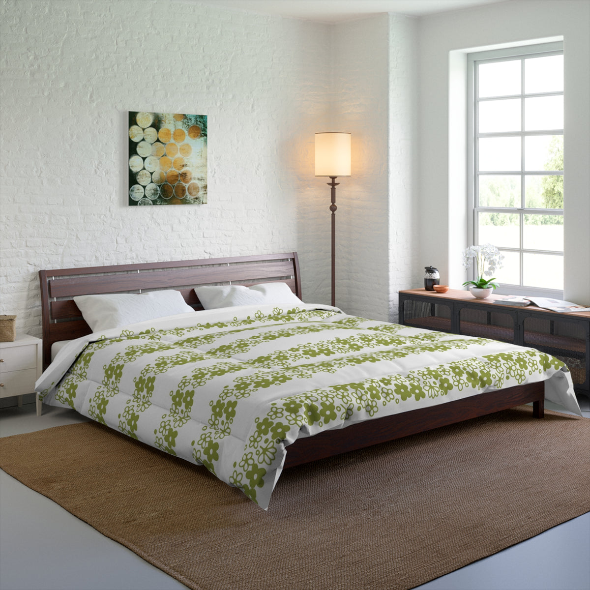 Pyrex Crazy Daisy Spring Blossom Retro Botanical Green Floral Comforter - Mid Century Modern Gal