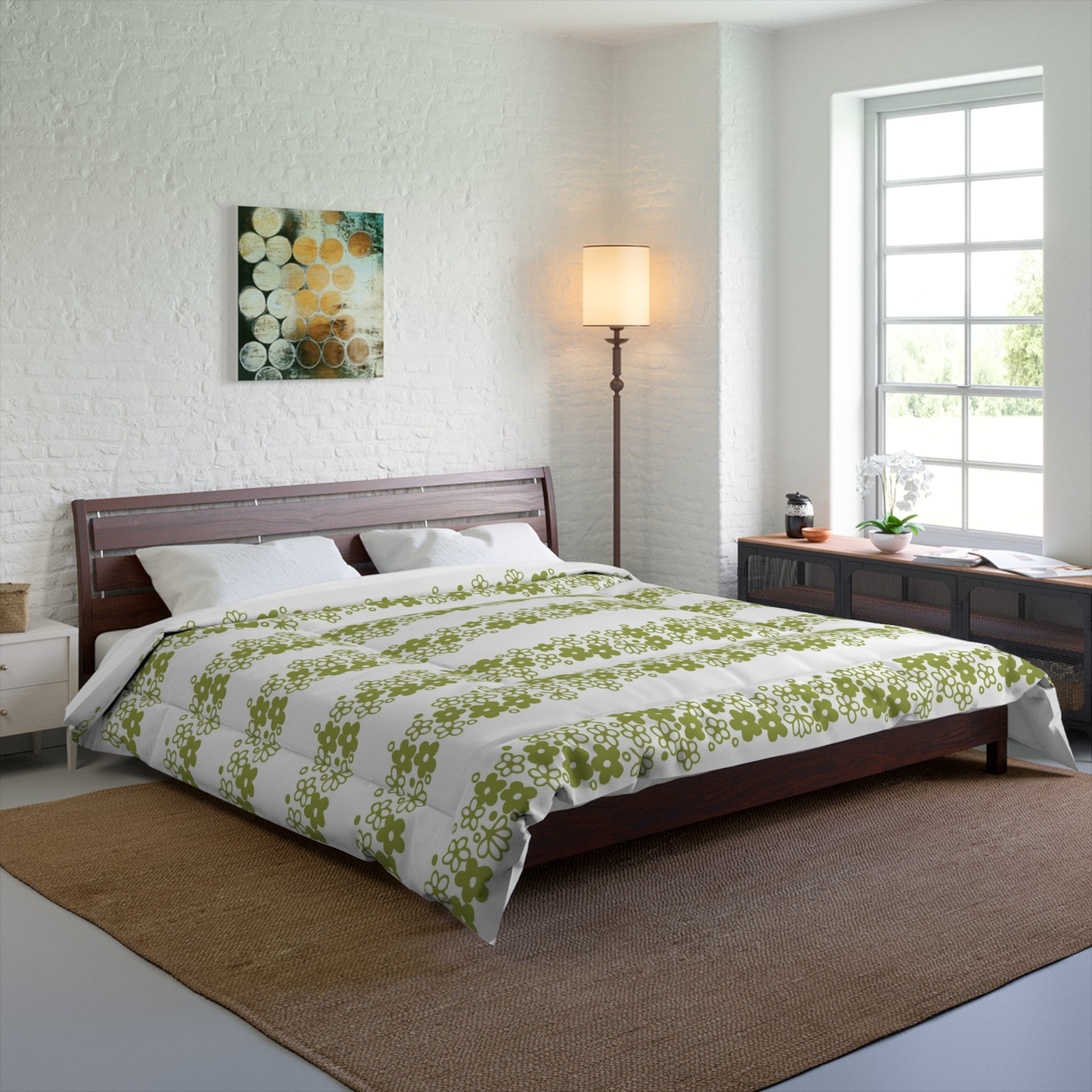 Pyrex Crazy Daisy Spring Blossom Retro Botanical Green Floral Comforter - Mid Century Modern Gal