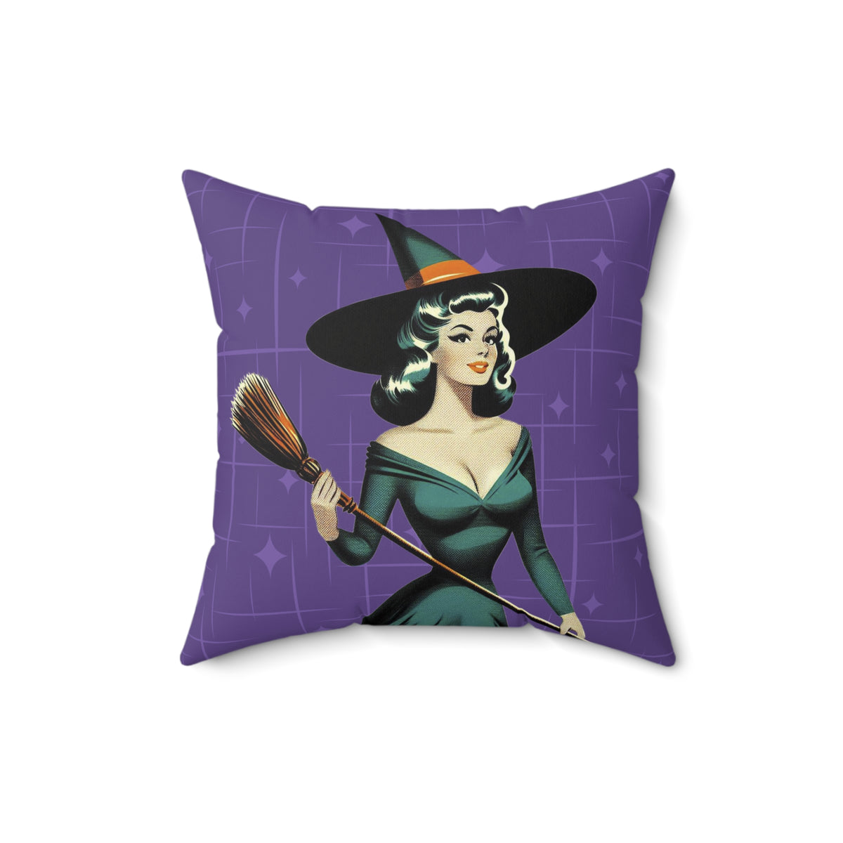 Mid Century Modern Vintage Pin Up Witch Halloween Purple Teal Halloween Pillow Cover and Insert - Mid Century Modern Gal
