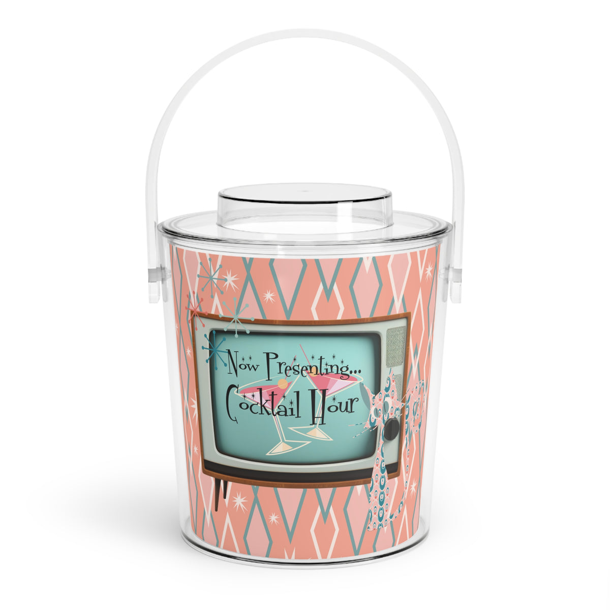 Mid Century Modern Barware, Atomic Cat, Now Presenting Cocktail Hour, Kitschy 50s Designed, Retro Ice Bucket with Tongs - Mid Century Modern Gal