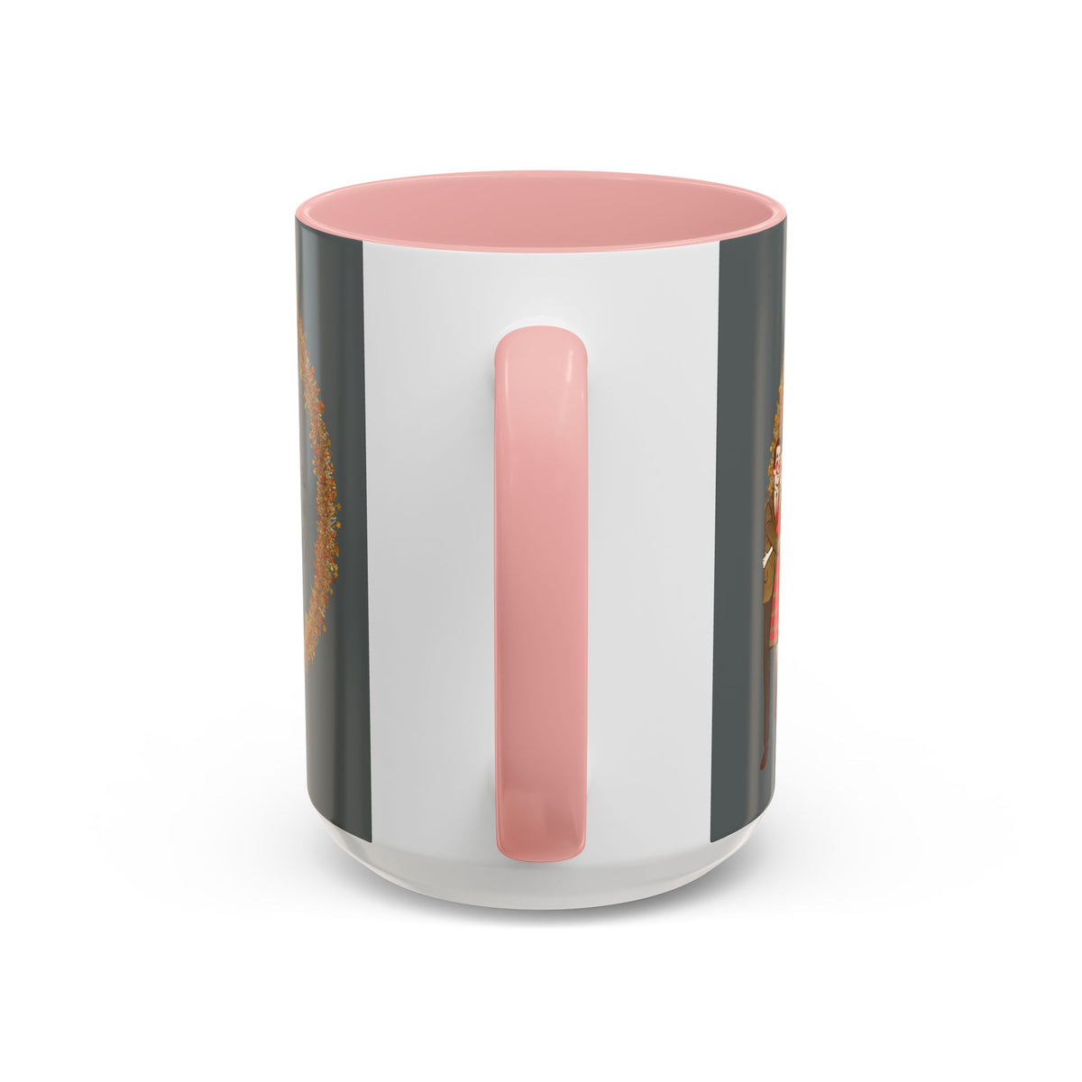 Vintage 50s kitschy Christmas mug with pink handle, featuring playful holiday graphics for Secret Santa gifts.