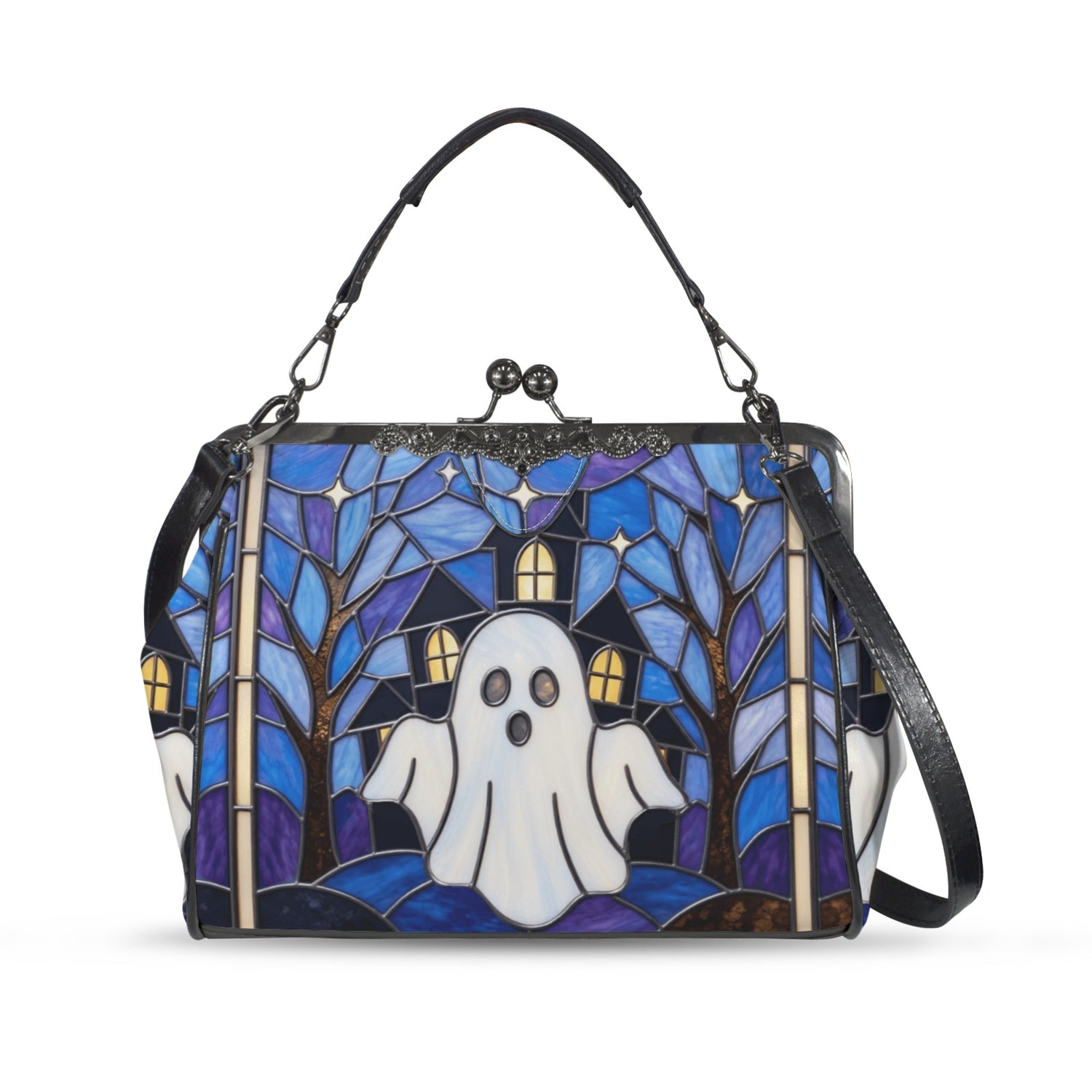 Halloween Stained Glass Style Ghost Haunted House Kisslock Crossbody Purse