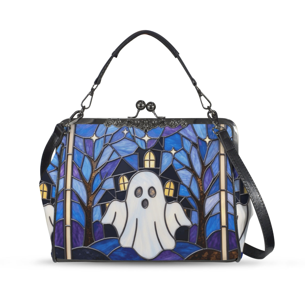 Halloween Stained Glass Style Ghost Haunted House Kisslock Crossbody Purse - Mid Century Modern Gal