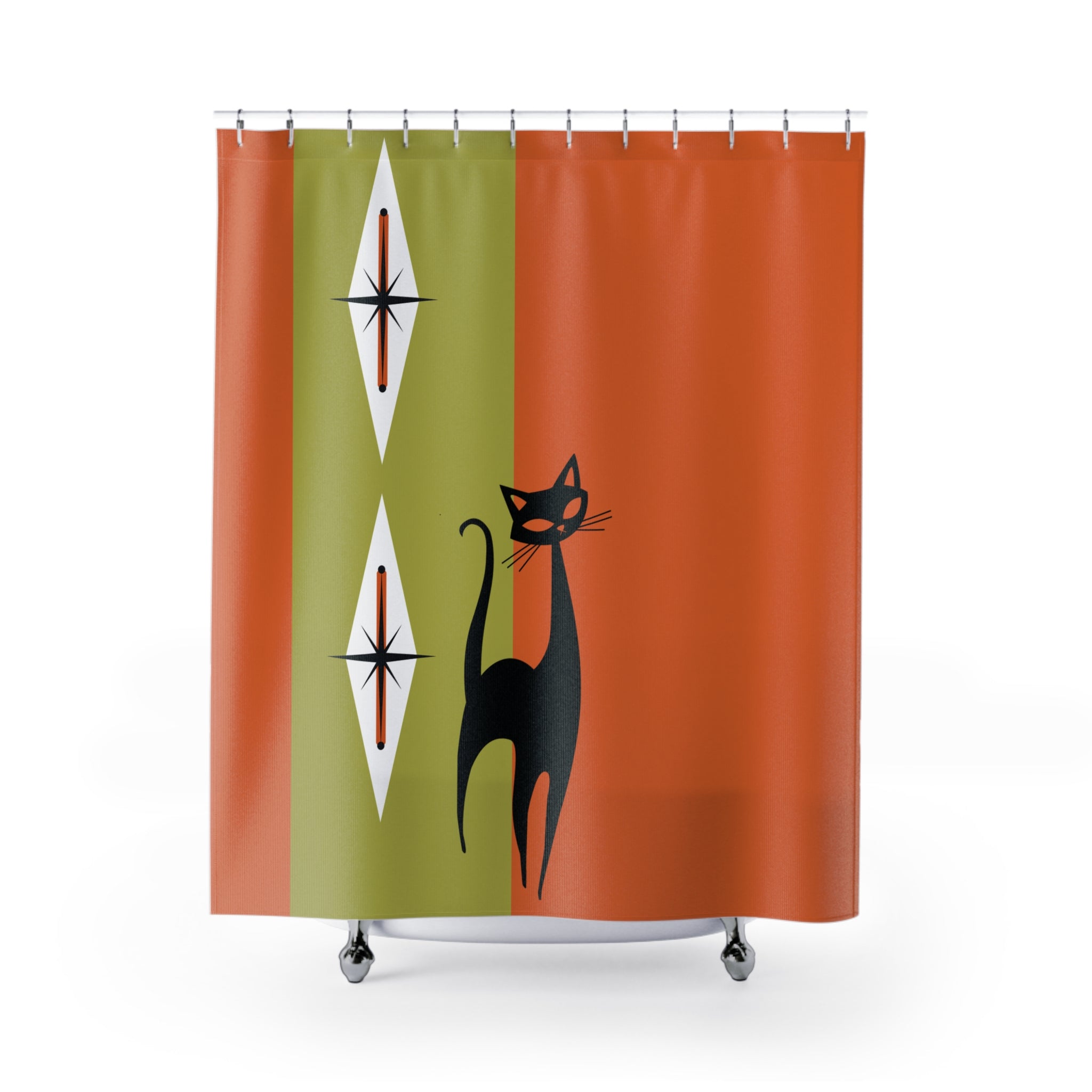Atomic Cat Shower Curtain, Orange, Green Starburst Shower Curtain – Vintage Mid-Century Design for Cat Lovers - Mid Century Modern Gal