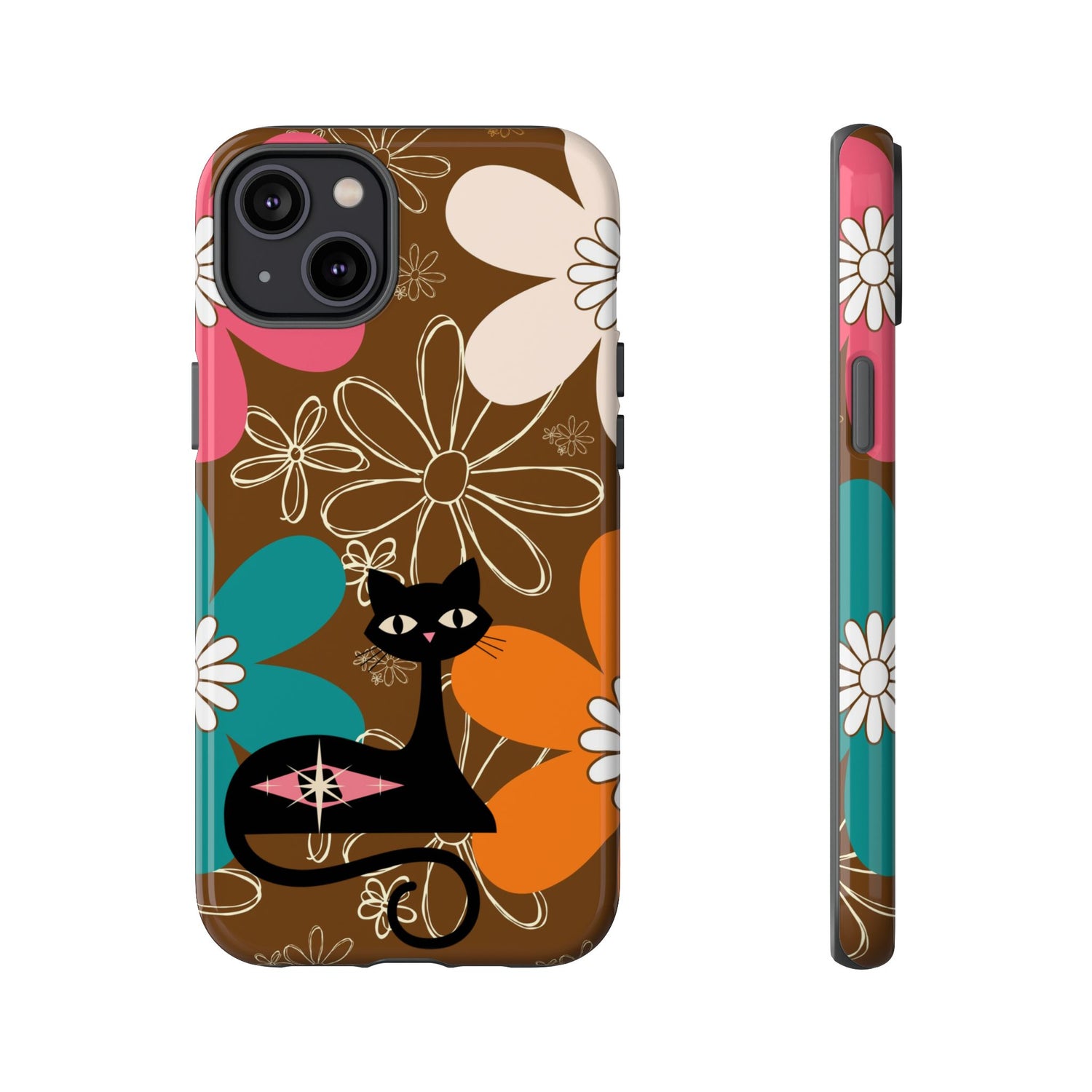 Atomic Cat Retro 70s Vibe Flower Power Tough Cases: Cute Floral and Cat Phone Case for Cat Lovers - Mid Century Modern Gal