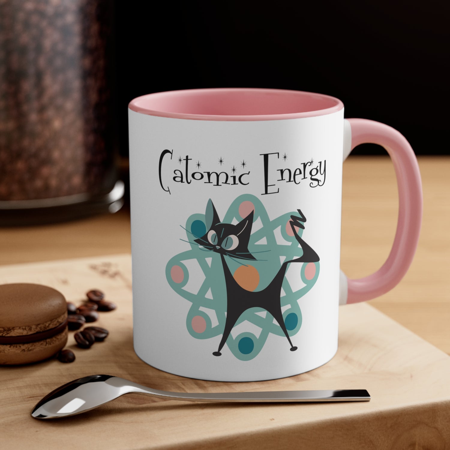 Atomic Cat Coffee Mug, Funny, Quirky Mid Century Modern Atom, Space Age Catomic Energy Coffee Lover Coffee Mug Gift