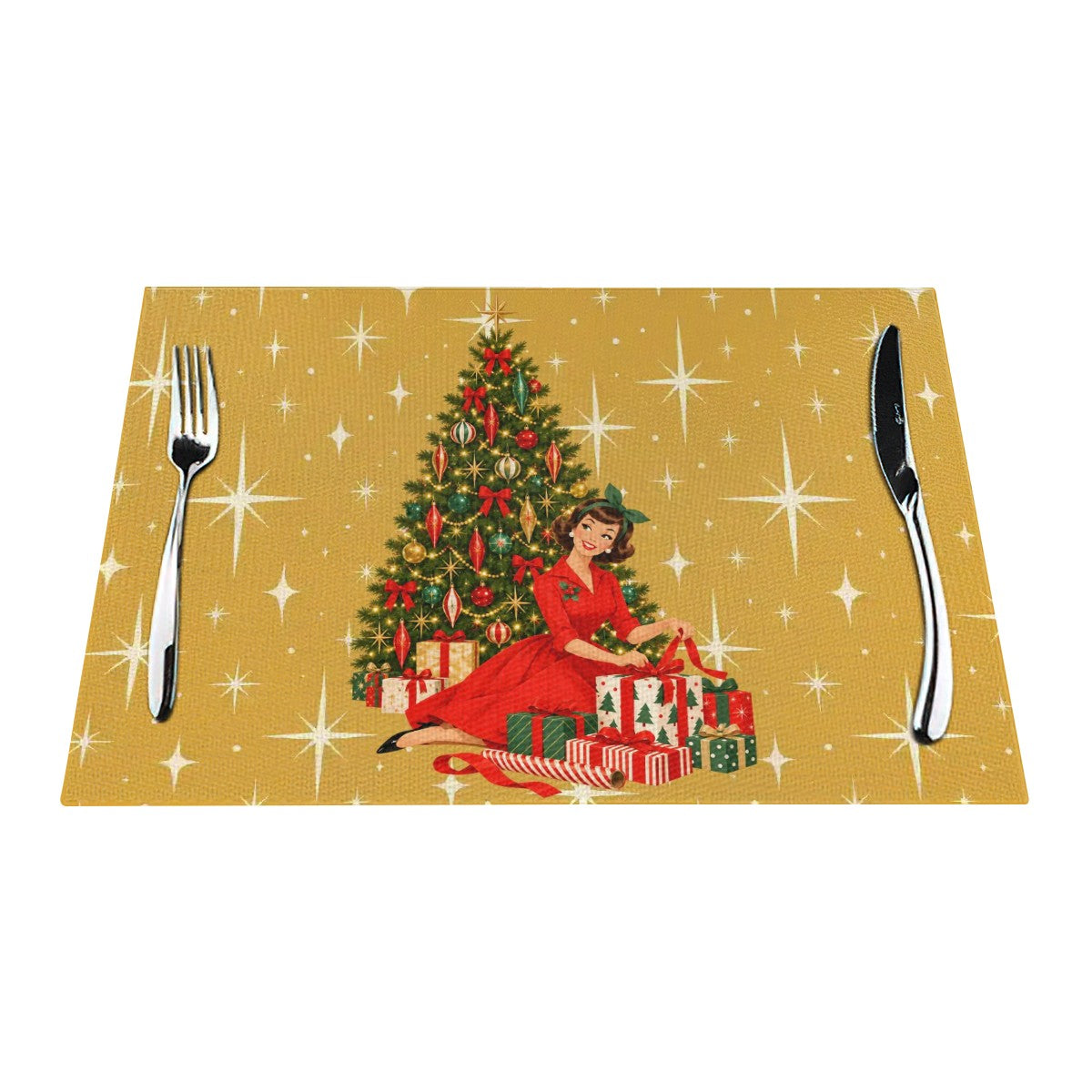 Mid Century Modern Christmas Glamour Gal Wrapping Presents by Tree, Gold Atomic Starbursts Placemat 1pc - Mid Century Modern Gal
