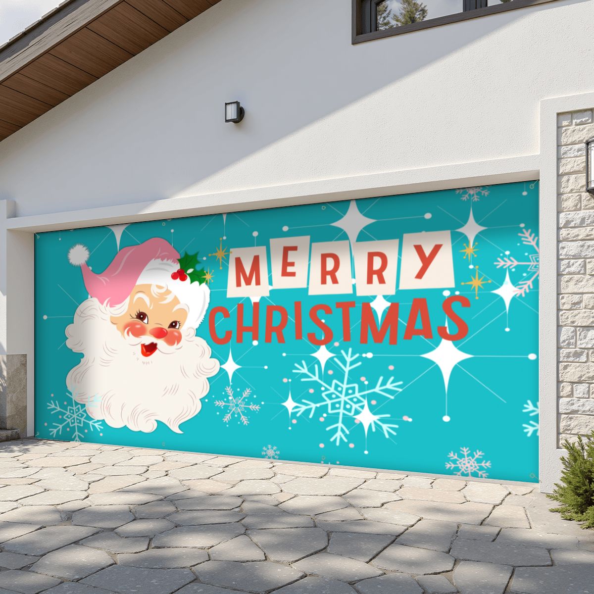 Vintage Santa Mid Century Christmas Aqua Blue Retro Garage Door Banner Backdrop - Mid Century Modern Gal