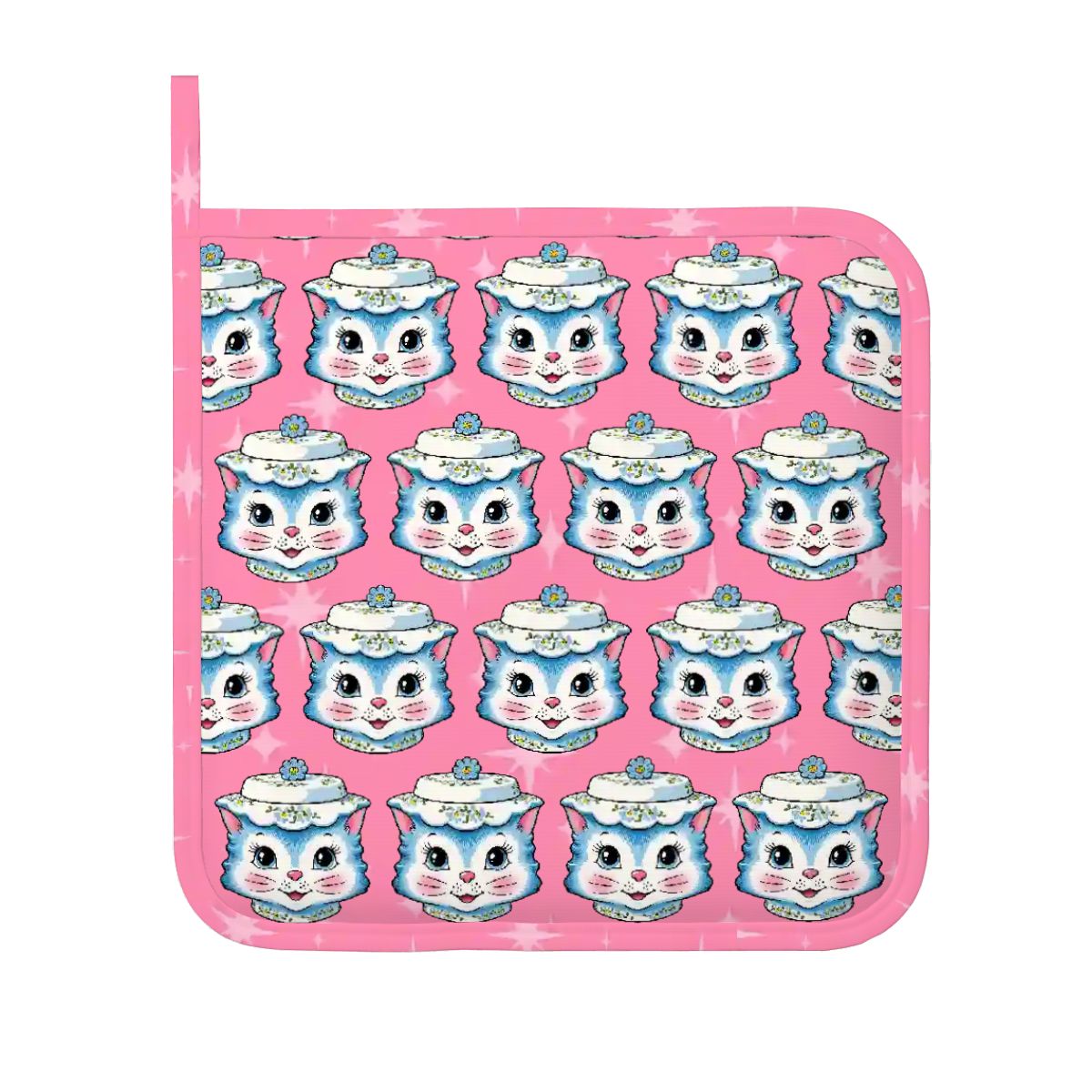 Mid Century Modern Kitschy Anthropomorphic Blue Cat with Floral Hat Silicone Oven Mitts and Pot Holders Sets (Right) - Mid Century Modern Gal