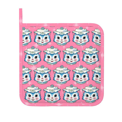 Mid Century Modern Kitschy Anthropomorphic Blue Cat with Floral Hat Silicone Oven Mitts and Pot Holders Sets (Right) - Mid Century Modern Gal