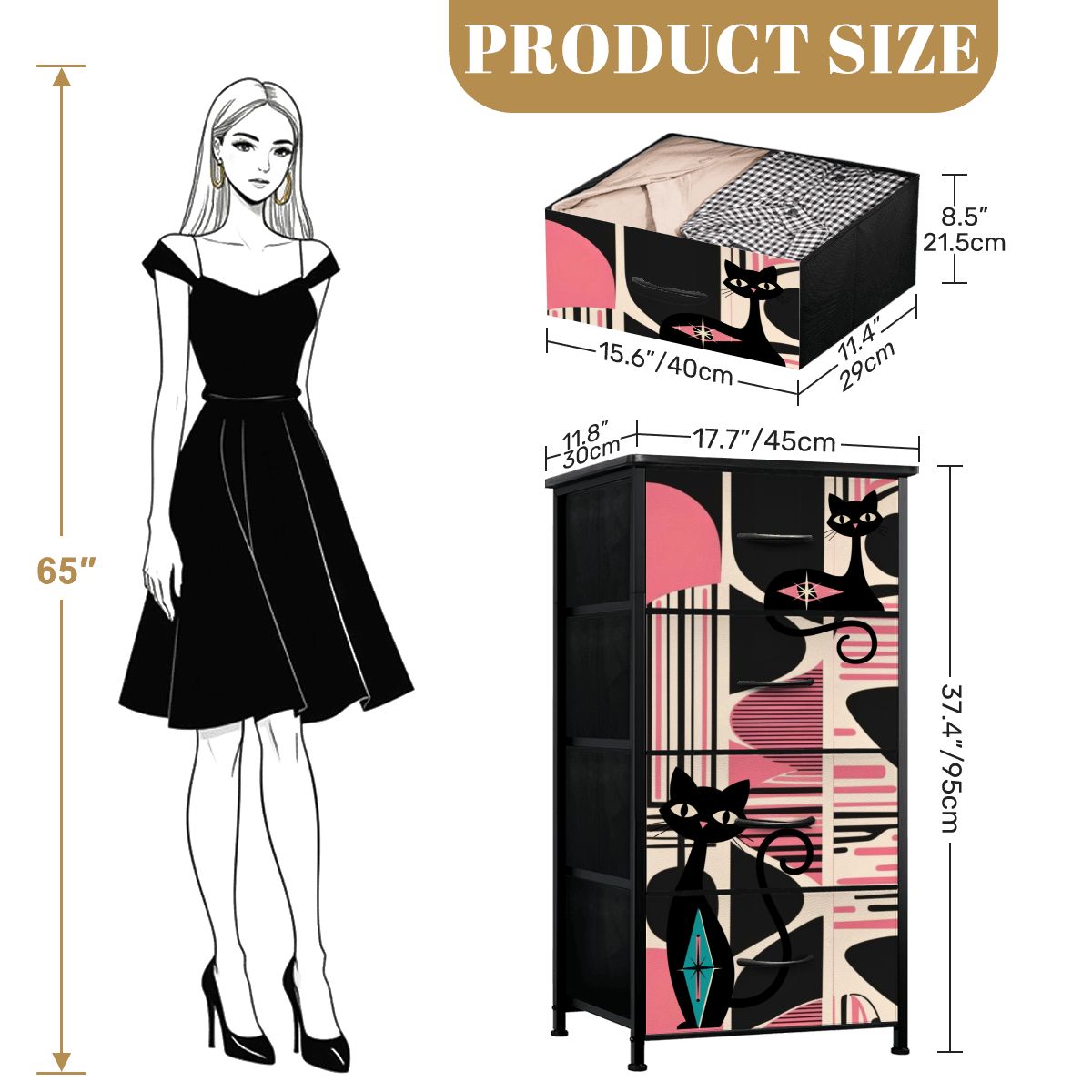 Mid Century Modern Black, Pink Atomic Cats Mid Mod 4-Drawer Dresser - Mid Century Modern Gal