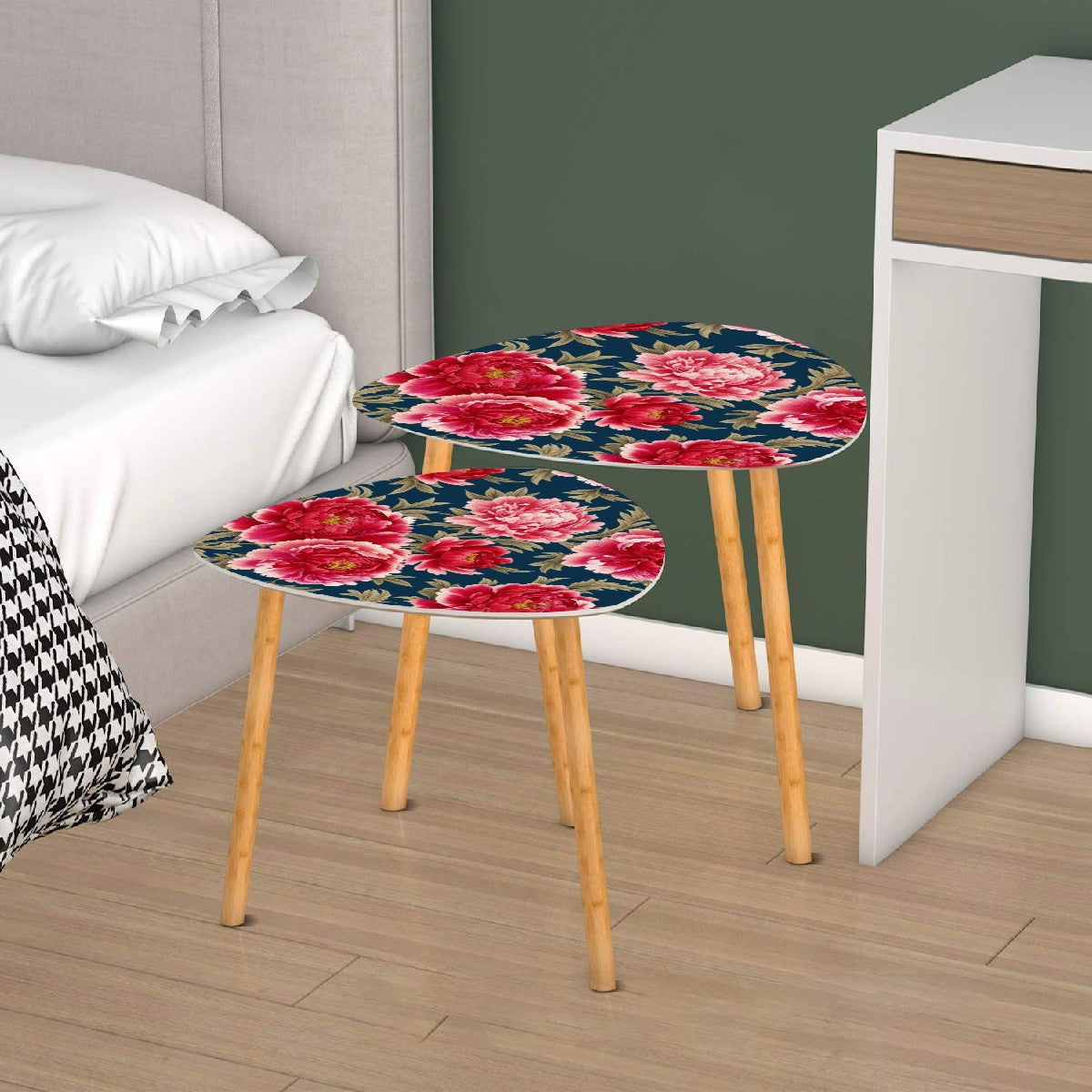 Modern Chinoisierie Royal Blue, Pink Red Floral Nesting Tables - Mid Century Modern Gal