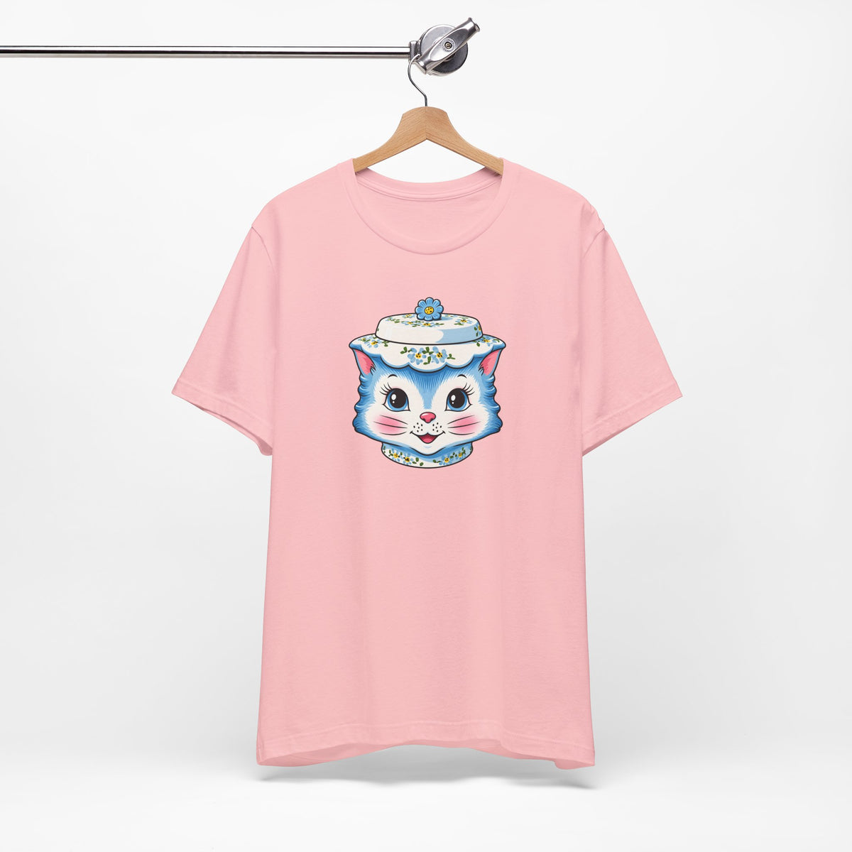 Mid Century Modern Kitschy Anthropomorphic Blue Cat with Floral Hat Unisex T-Shirt