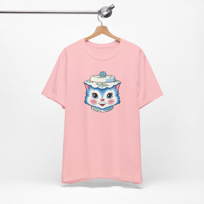 Mid Century Modern Kitschy Anthropomorphic Blue Cat with Floral Hat Unisex T-Shirt