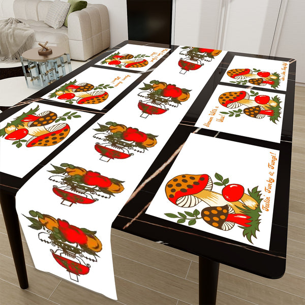 70s Sears Merry Mushroom, Fungi Retro Hippie Fun Table Mats And Runner Set