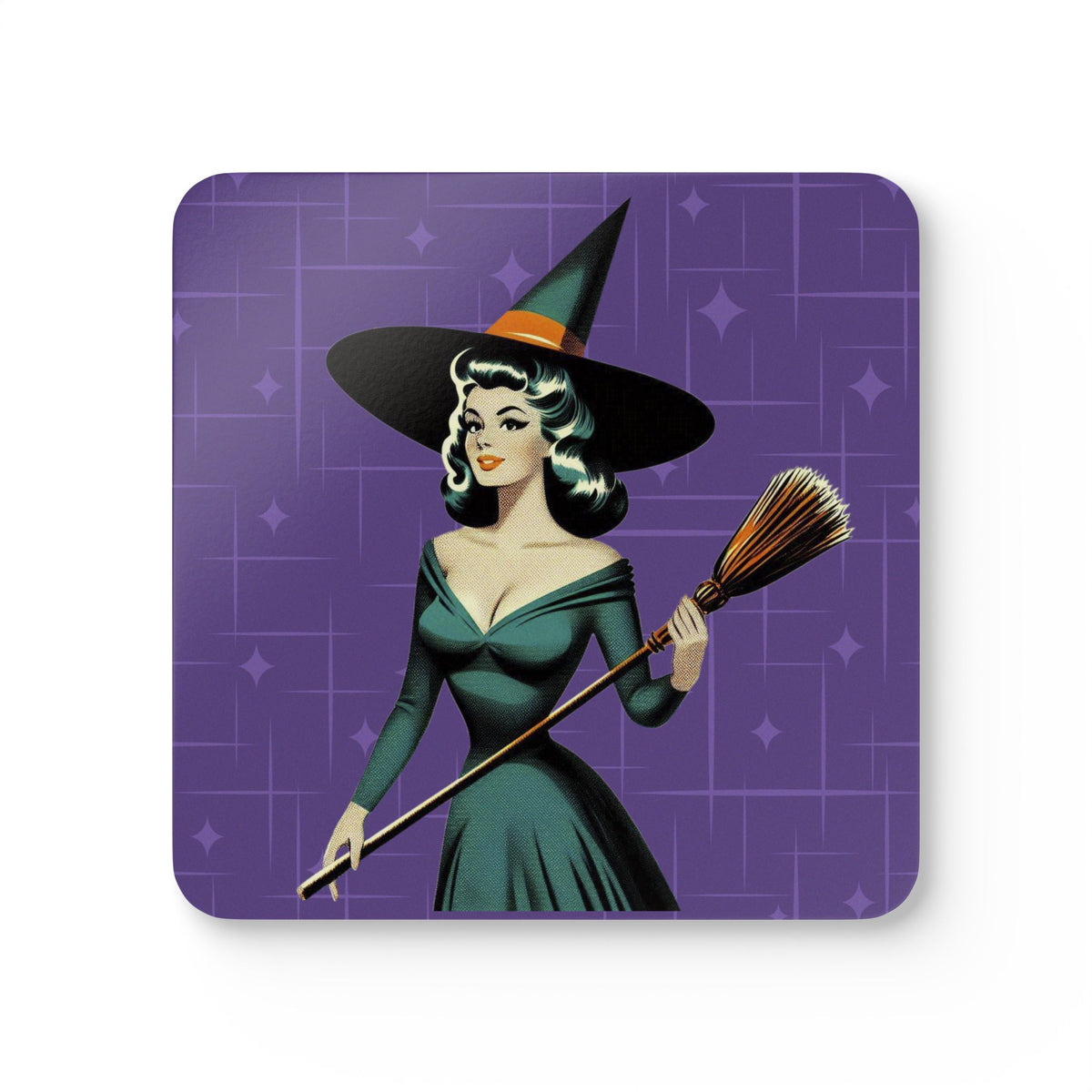 Mid Century Modern Vintage Pin Up Witch Purple Teal Halloween Corkwood Coaster Set - Mid Century Modern Gal