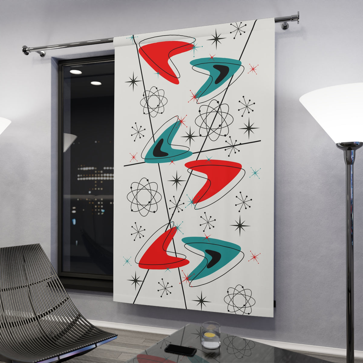 Mid Century Modern Atomic Boomerangs Red, Teal Starburst Retro Futurist Window Curtains (1 Piece) - Mid Century Modern Gal