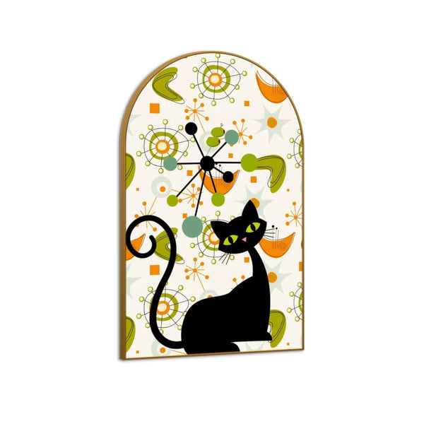 Atomic Cat Mid Century Modern Green, Orange Boomerang RetroArched Canvas Print