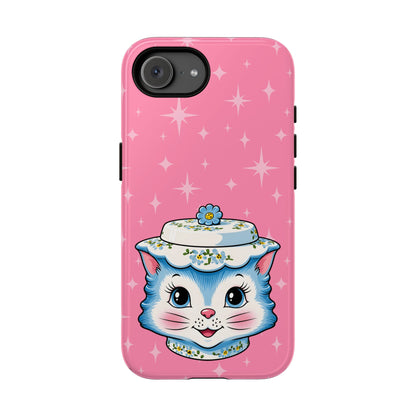 Mid Century Modern Kitschy Anthropomorphic Blue Cat with Floral Hat Tough Phone Case