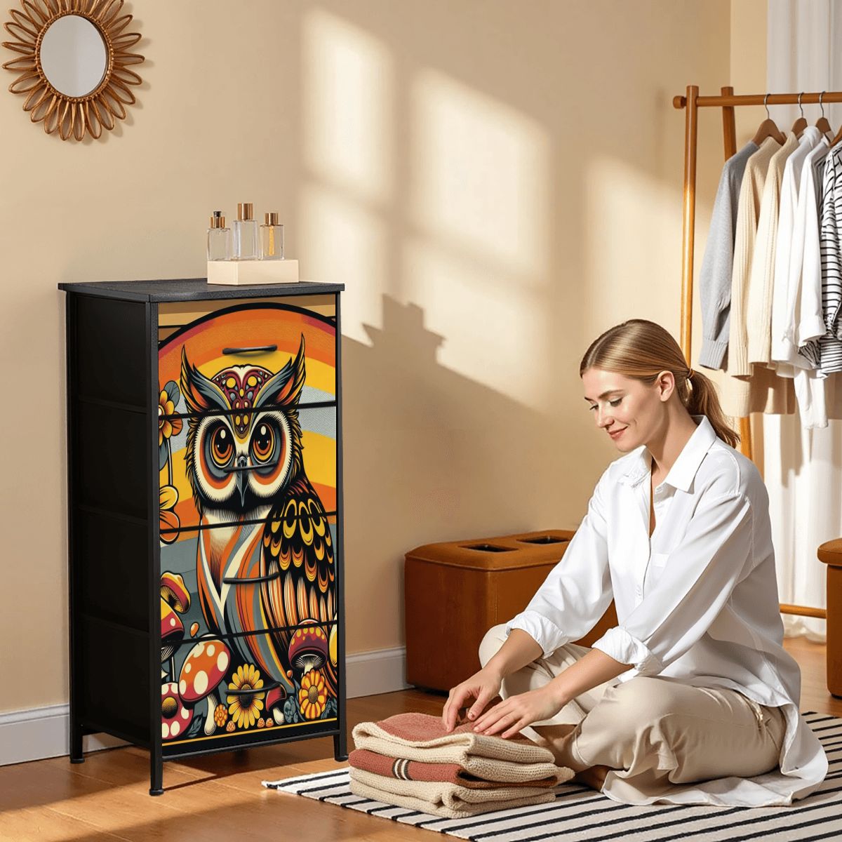 Retro 70s Owl Mushroom Groovy Mid Century Modern 4-Drawer Dresser - Mid Century Modern Gal