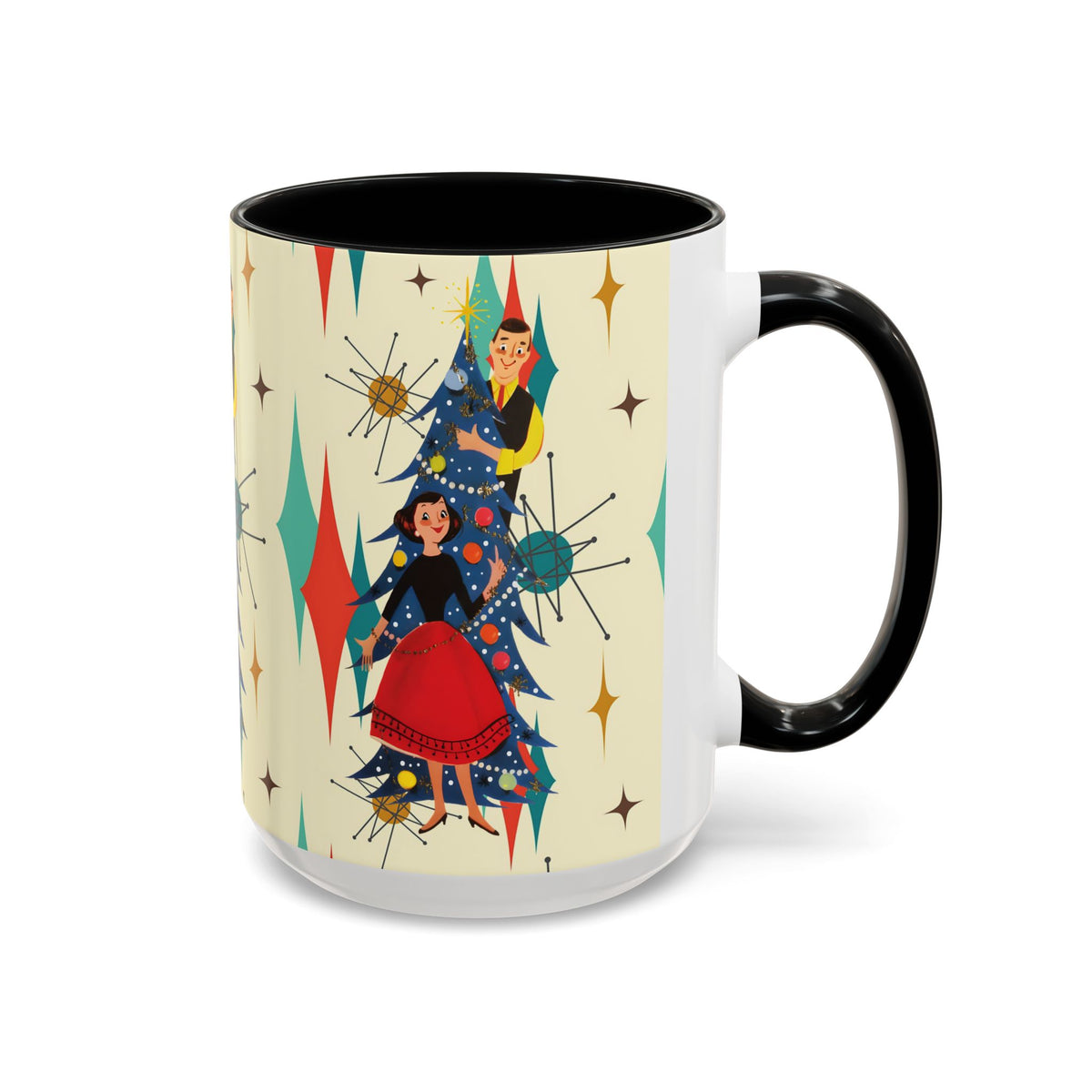 Mid Century Modern 50s Kitsch Christmas coffee mug featuring a starburst design with retro characters and a Christmas tree.
