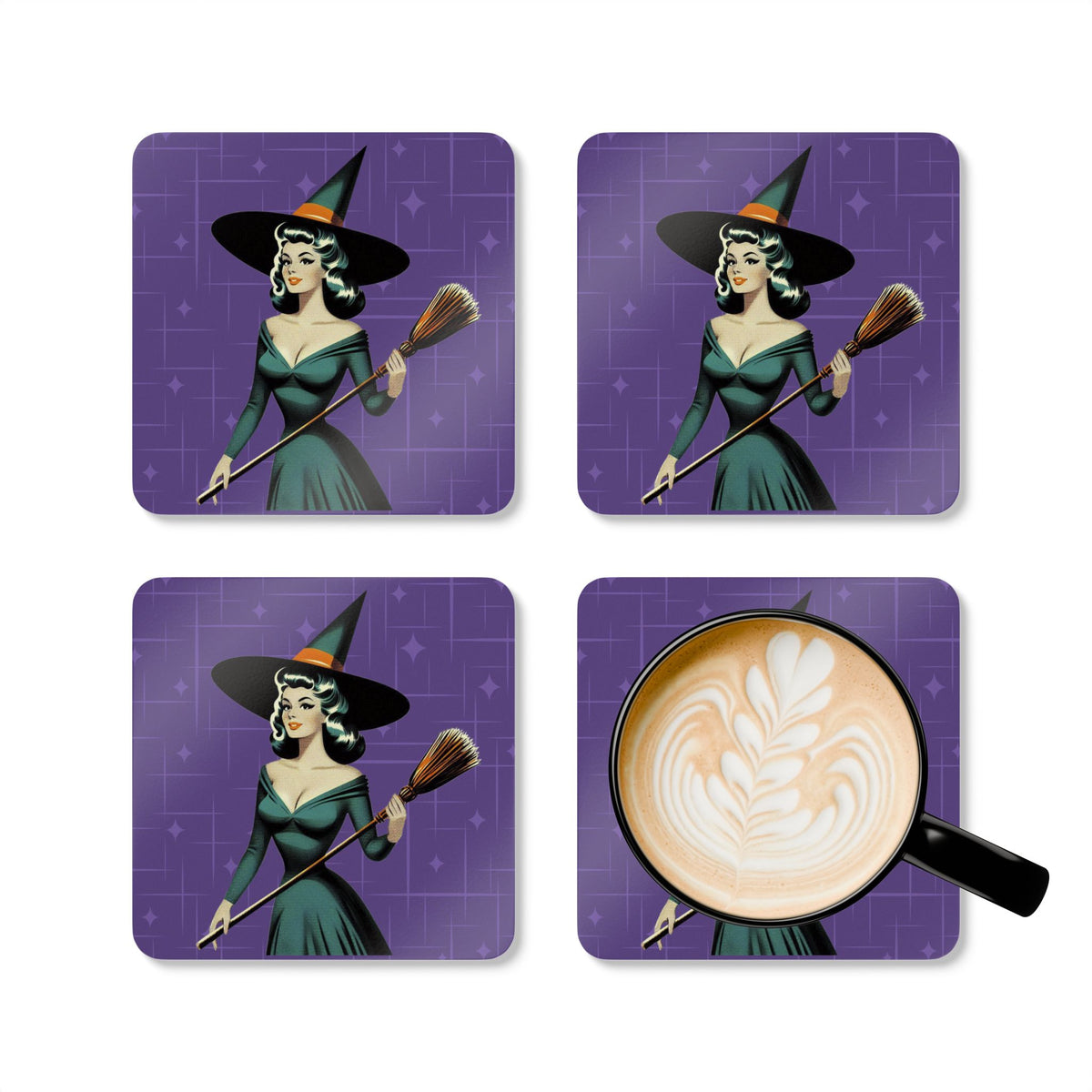 Mid Century Modern Vintage Pin Up Witch Purple Teal Halloween Corkwood Coaster Set - Mid Century Modern Gal