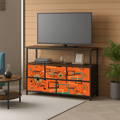 Mid Century Modern Sinatra Orange, Starburst, Geometric Funky Fun TV Stand Media Console - Mid Century Modern Gal