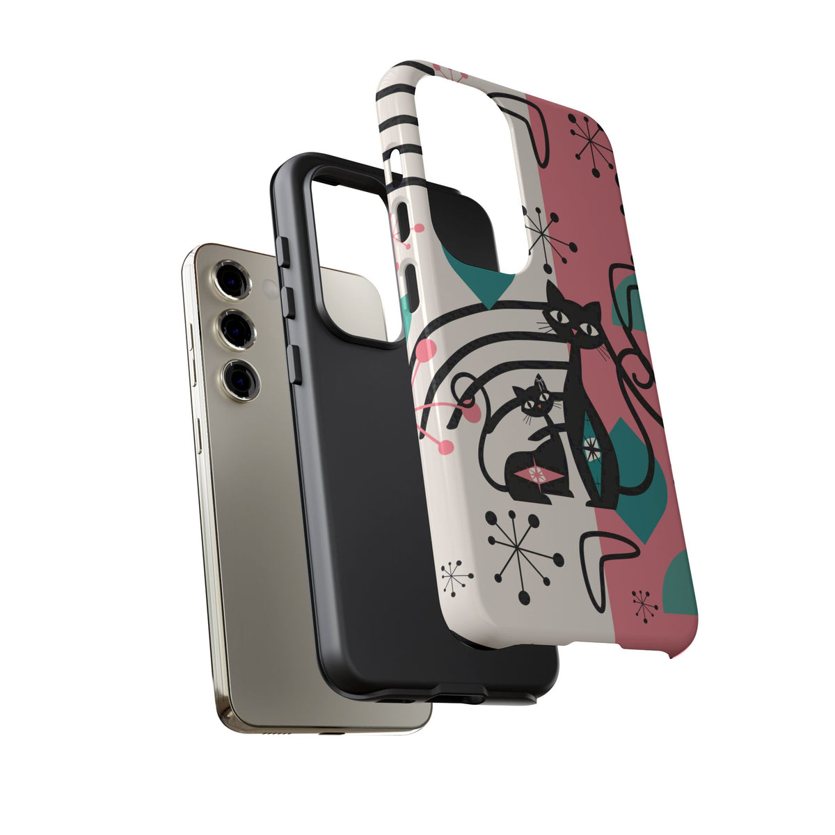 Mid Mod Atomic Cat Boomerang Starburst, Pink, Black Kitschy Stylish Cat Phone Case: Modern Design for Cat Lovers