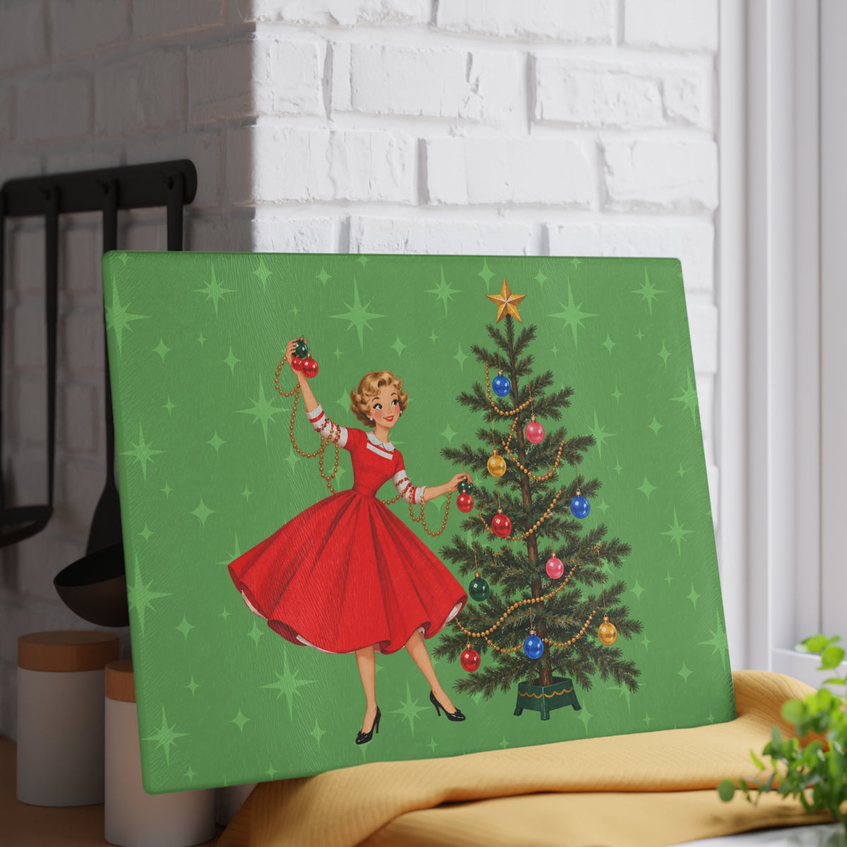 Mid Century Modern Gal Decorating Christmas Tree, Green Atomic Starbursts Glass Cutting Board