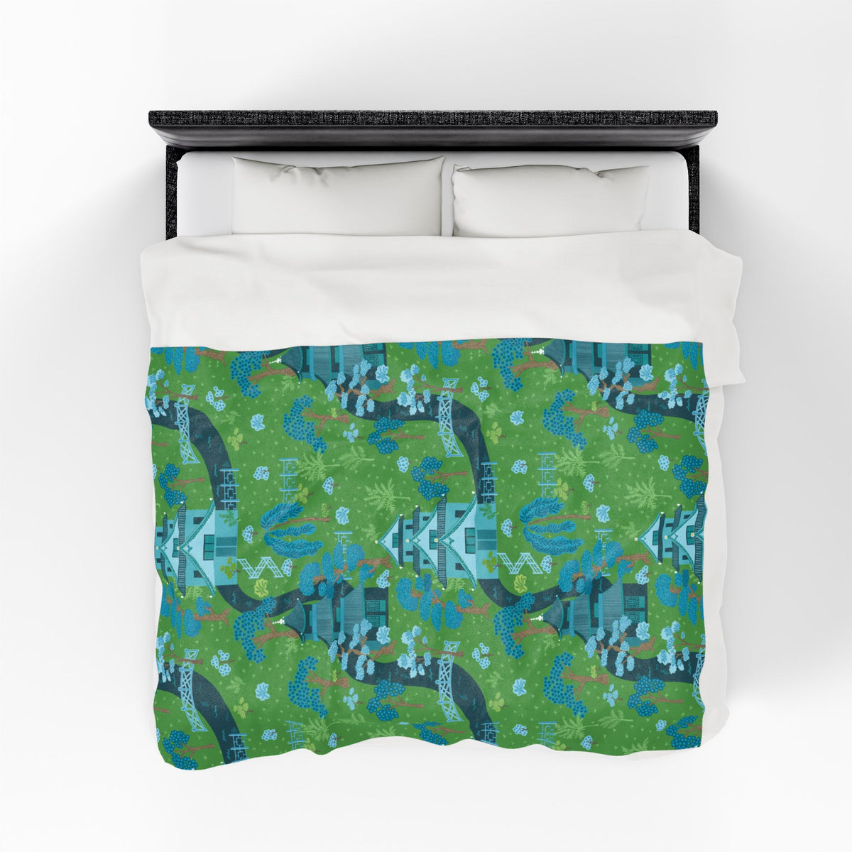 Chinoiserie Throw Blanket, Green, Blue Serene Garden Velveteen Plush Blanket - Cozy Floral Design - Mid Century Modern Gal