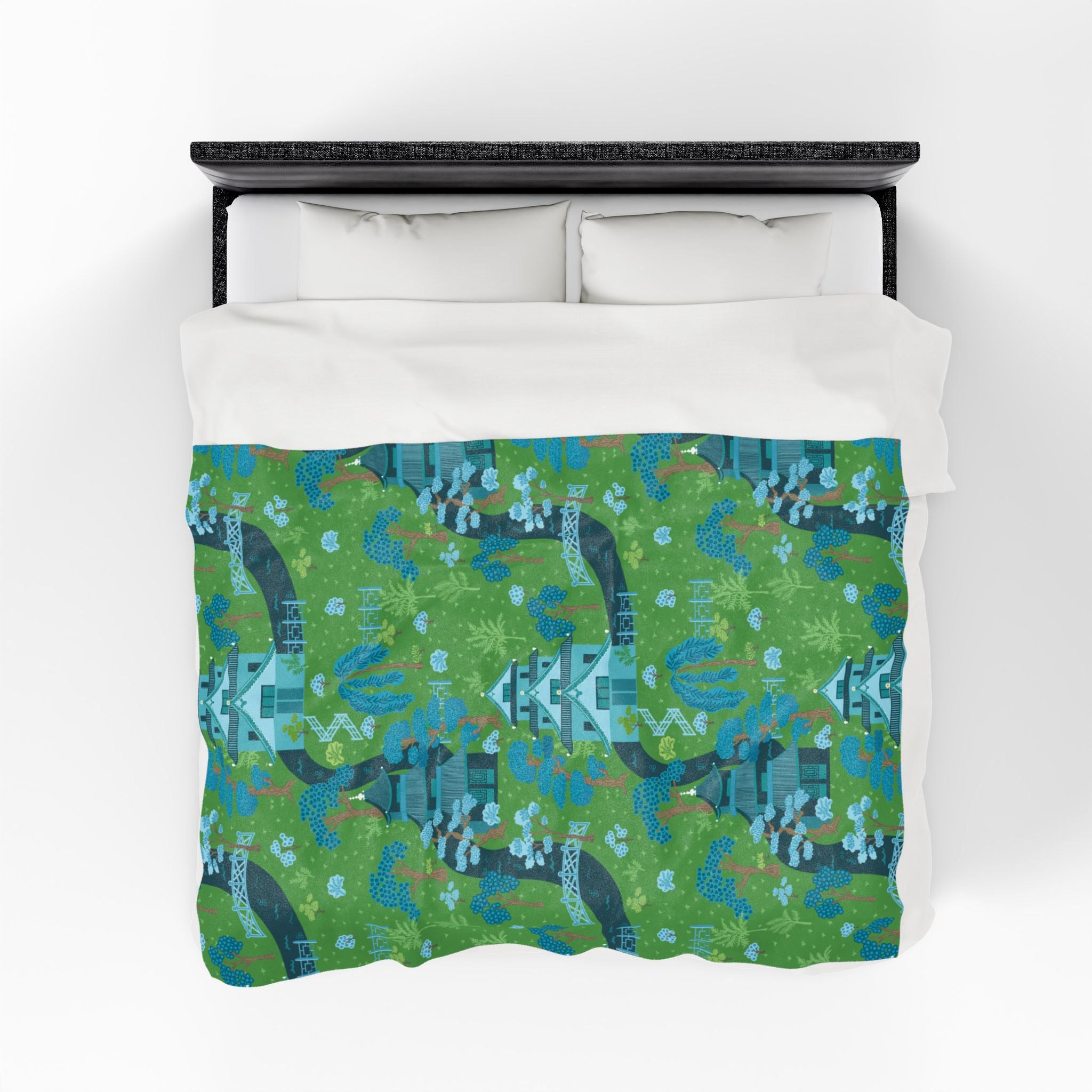 Chinoiserie Throw Blanket, Green, Blue Serene Garden Velveteen Plush Blanket - Cozy Floral Design - Mid Century Modern Gal