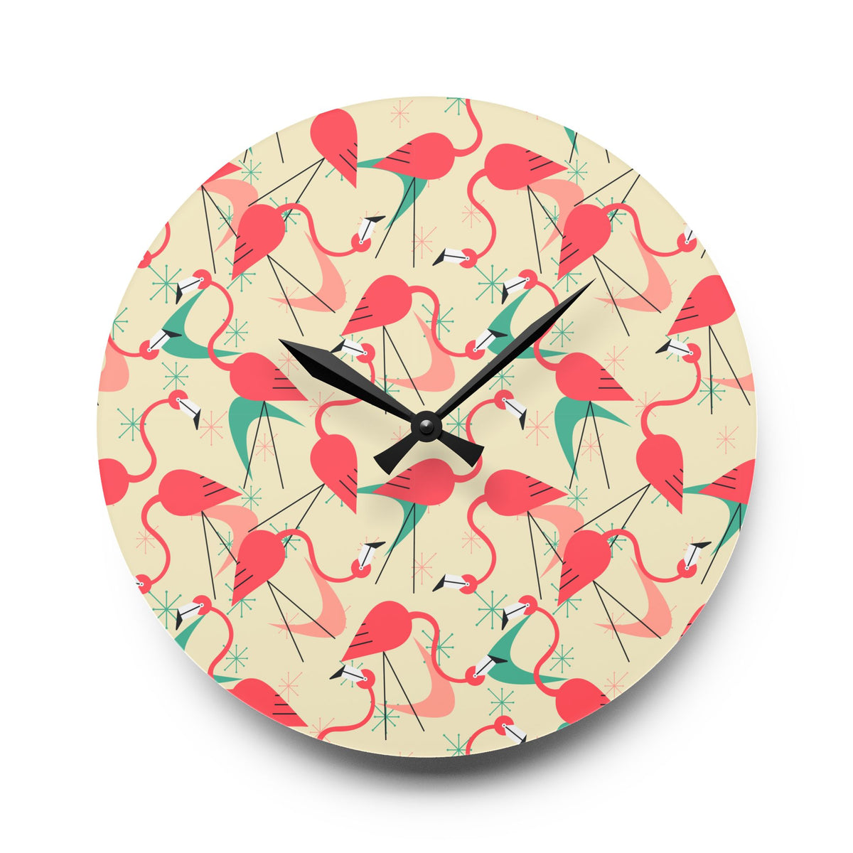 Tropical Retro Dancing Flamingos Acrylic Wall Clock - Fun and Colorful Home Decor - Mid Century Modern Gal