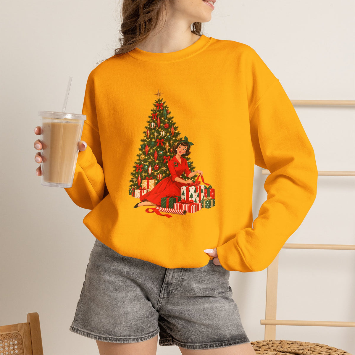 Mid Century Modern Christmas Glamour Gal Wrapping Presents by Tree Unisex Heavy Blend™ Crewneck Sweatshirt - Mid Century Modern Gal